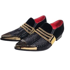 Parazzo Men's Rhinestone Velvet Chrome Dress Loafers Black Gold Chain Size 7